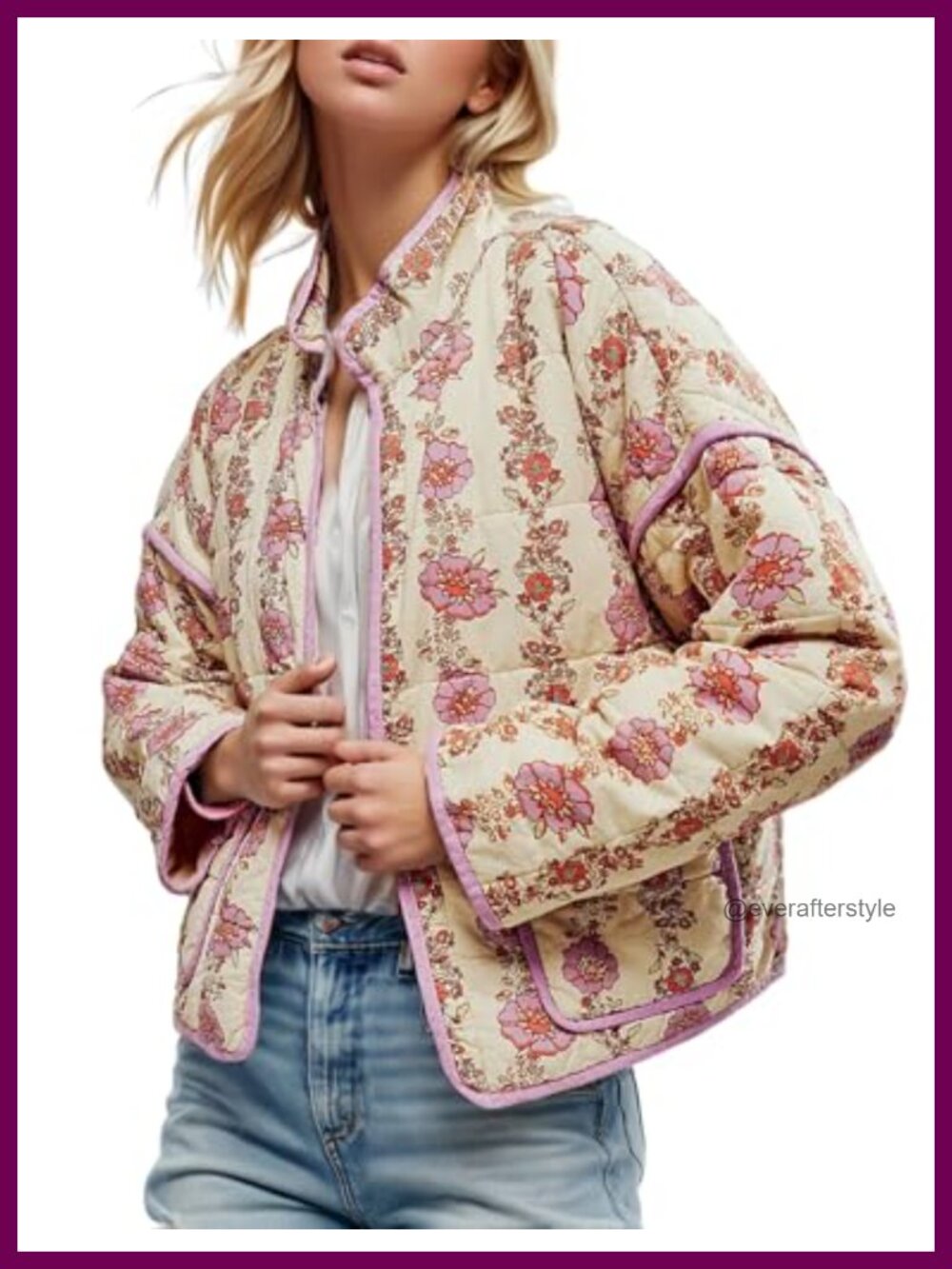 Cropped Quilted Puffer Jacket Vintage Floral Print Open Front Lightweight